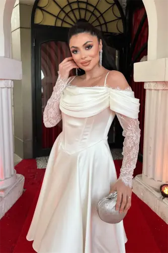 Satın matoli, dekolte yoqali, dantelli midi ko'ylak - OQ - 4