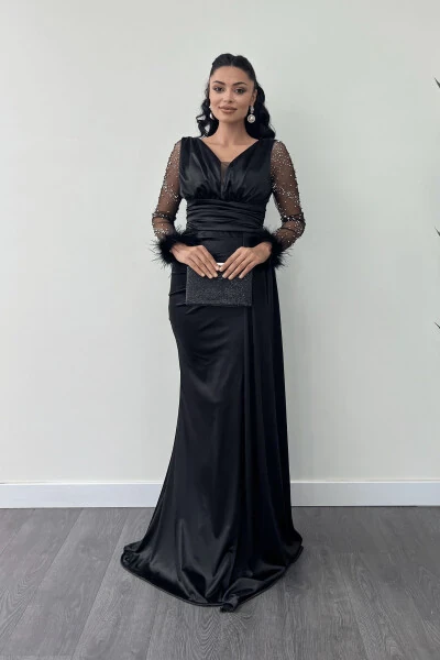 Satin Mermaid Dress, Feathered Beaded Sleeves - GIYIMMASALI