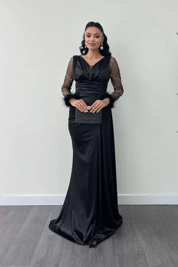 Satin Mermaid Dress, Feathered Beaded Sleeves - 1