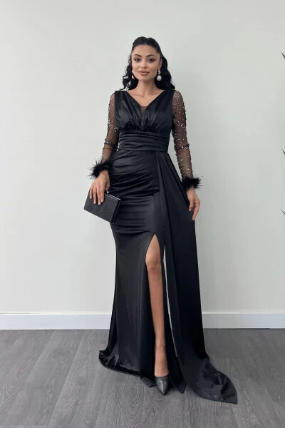 Satin Mermaid Dress, Feathered Beaded Sleeves - GIYIMMASALI (1)