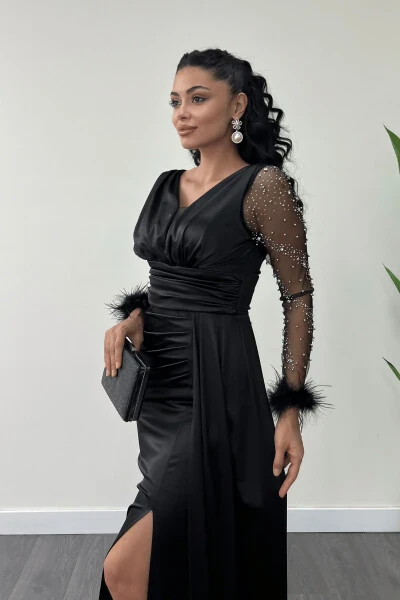 Satin Mermaid Dress, Feathered Beaded Sleeves - 3