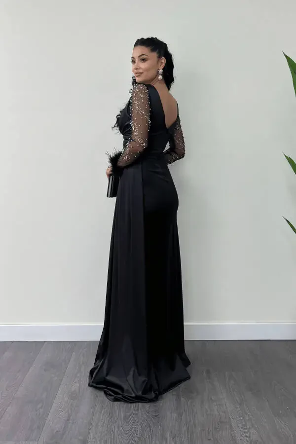 Satin Mermaid Dress, Feathered Beaded Sleeves - 5