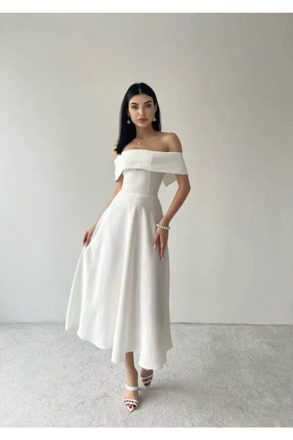 Satin Midi Dress with Madonna Neckline - 1