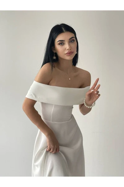 Satin Midi Dress with Madonna Neckline - 2