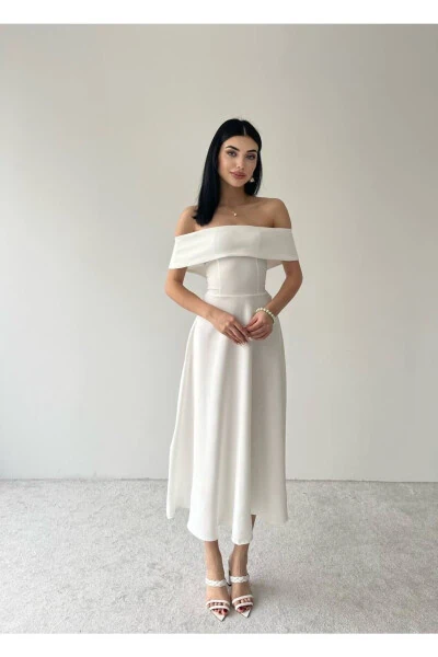 Satin Midi Dress with Madonna Neckline - 3