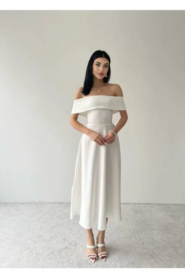 Satin Midi Dress with Madonna Neckline - 3