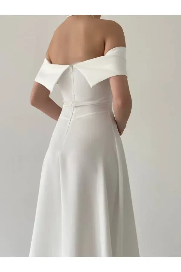 Satin Midi Dress with Madonna Neckline - 4