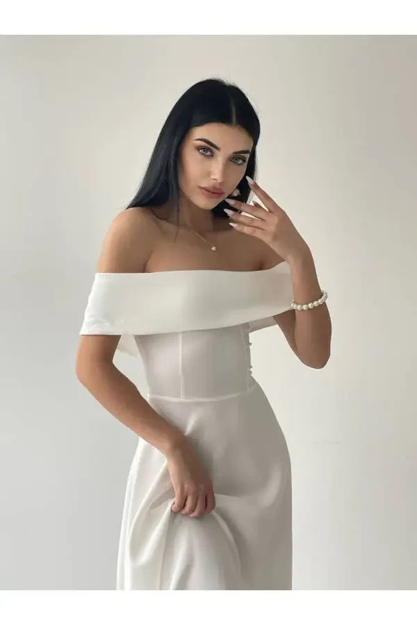 Satin Midi Dress with Madonna Neckline - 5