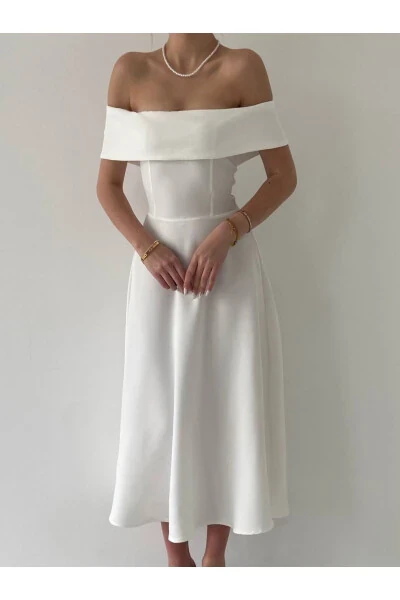 Satin Midi Dress with Madonna Neckline - 6