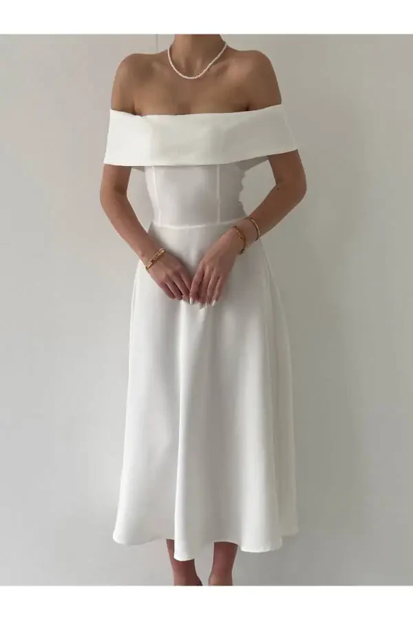 Satin Midi Dress with Madonna Neckline - 6