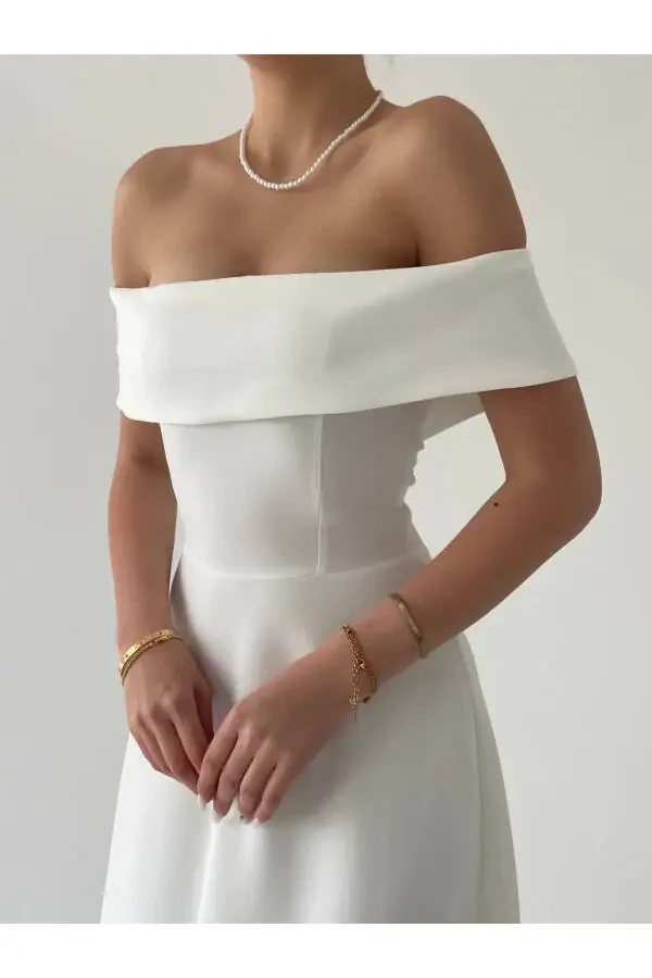 Satin Midi Dress with Madonna Neckline - 7