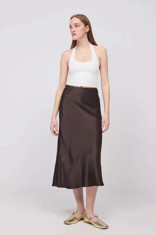 Satin Midi Skirt E16025-T3-BROWN - 1