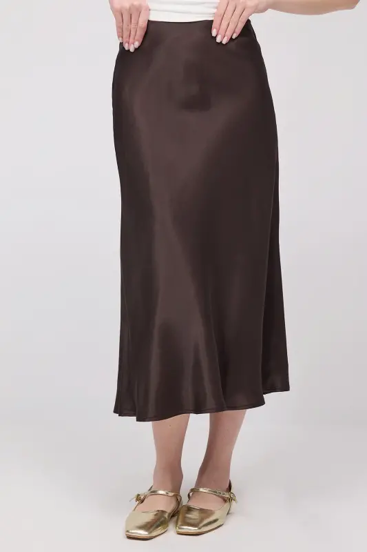 Satin Midi Skirt E16025-T3-BROWN - 2