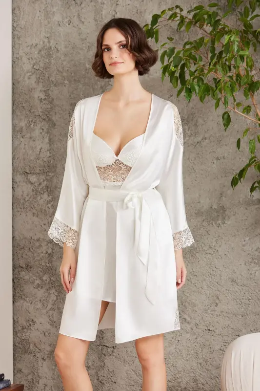 Satin Nightgown Dressing Gown Pajama Set Short Set 6 Piece Bridal Trousseau Set - 6000 - 5