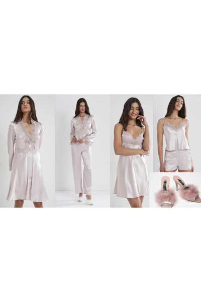 Satin Nightgown Dressing Gown Pajama Set Shorts Set 6-Piece Bridal Trousseau Set Slippers - 1