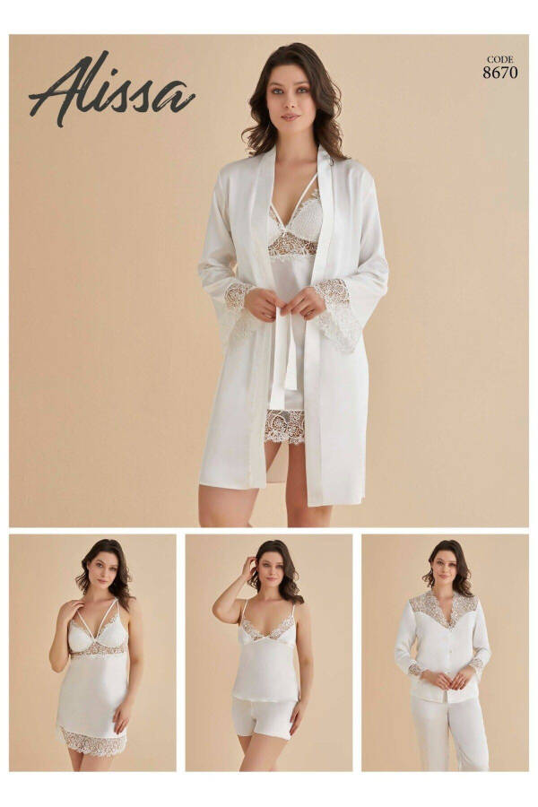 Satin Nightgown Robe Pajama Set Short Set 6-Piece Bridal Dowry Set 8670 - 1