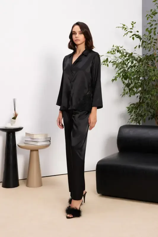 Satin Nightgown Robe Pajama Set Shorts Set 6 Pcs Bridal Dowry Set - 6000-Black - 8