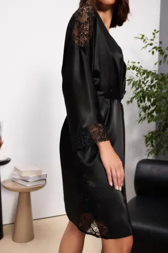 Satin Nightgown Robe Pajama Set Shorts Set 6 Pcs Bridal Dowry Set - 6000-Black - 3