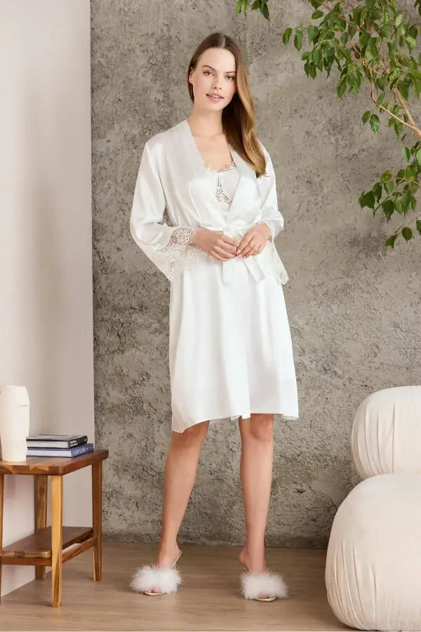 Satin Nightgown Robe Pajama Set Shorts Set 6-Piece Bridal Dowry Set - 6040 - 2