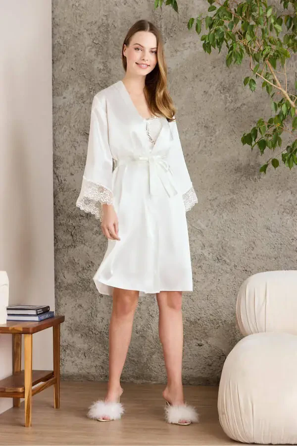 Satin Nightgown Robe Pajama Set Shorts Set 6-Piece Bridal Dowry Set - 6040 - 3