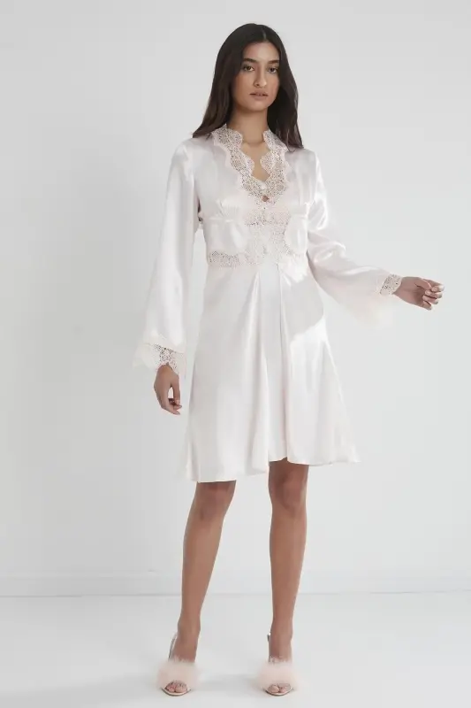 Satin Nightgown Robe Pajama Set Shorts Set 6-Piece Dowry Set - 6335-White - 2