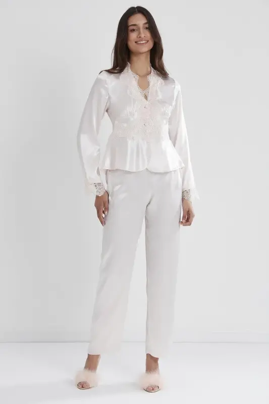 Satin Nightgown Robe Pajama Set Shorts Set 6-Piece Dowry Set - 6335-White - 8