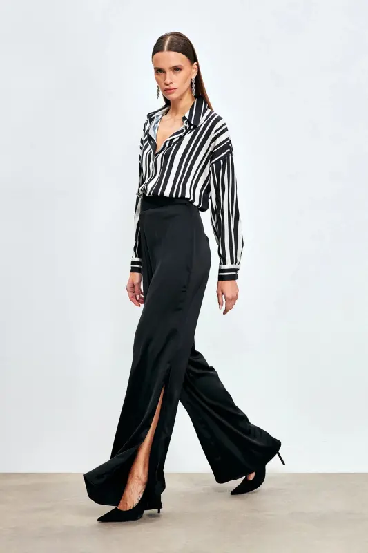 Satin Pants with Slit - Black - 2