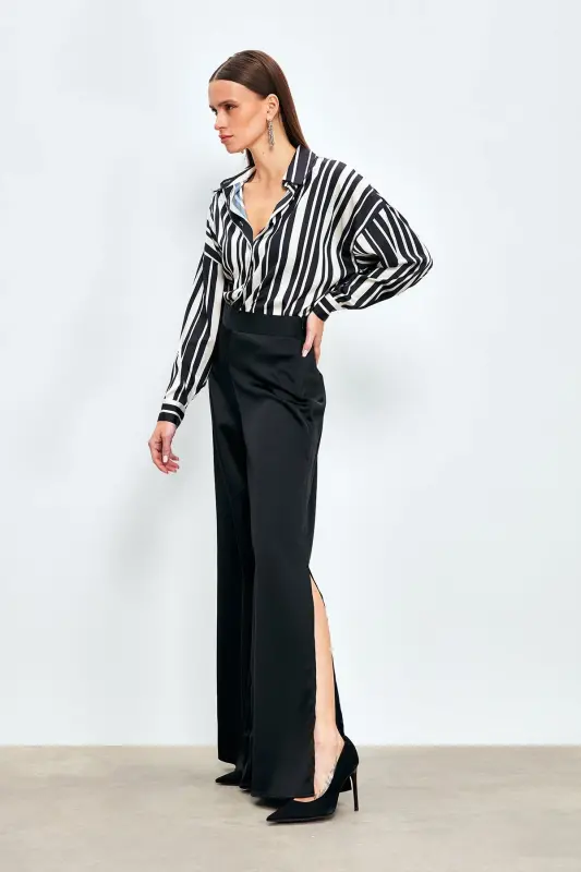 Satin Pants with Slit - Black - SATEEN