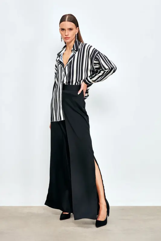 Satin Pants with Slit - Black - 4