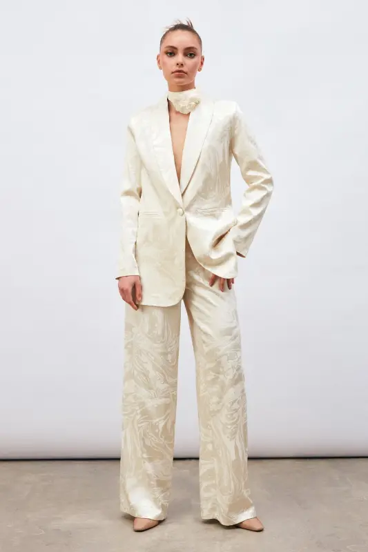 Satin Patterned Slouchy Pants - Ecru-ECRU - 2