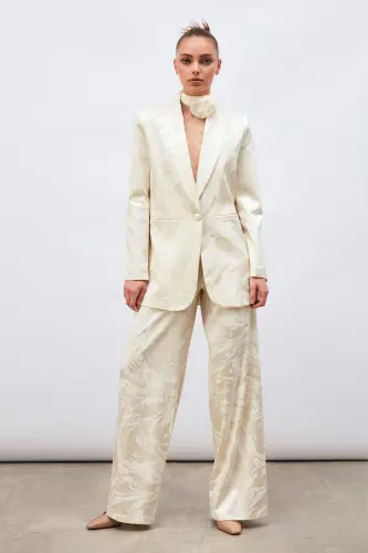 Satin Patterned Slouchy Pants - Ecru-ECRU - 3