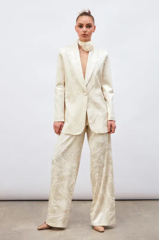 Satin Patterned Slouchy Pants - Ecru-ECRU - 3