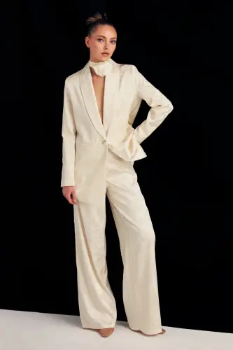 Satin Patterned Slouchy Pants - Ecru-ECRU - 4