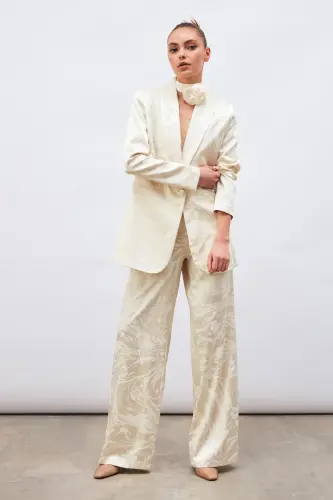 Satin Patterned Slouchy Pants - Ecru-ECRU - 5