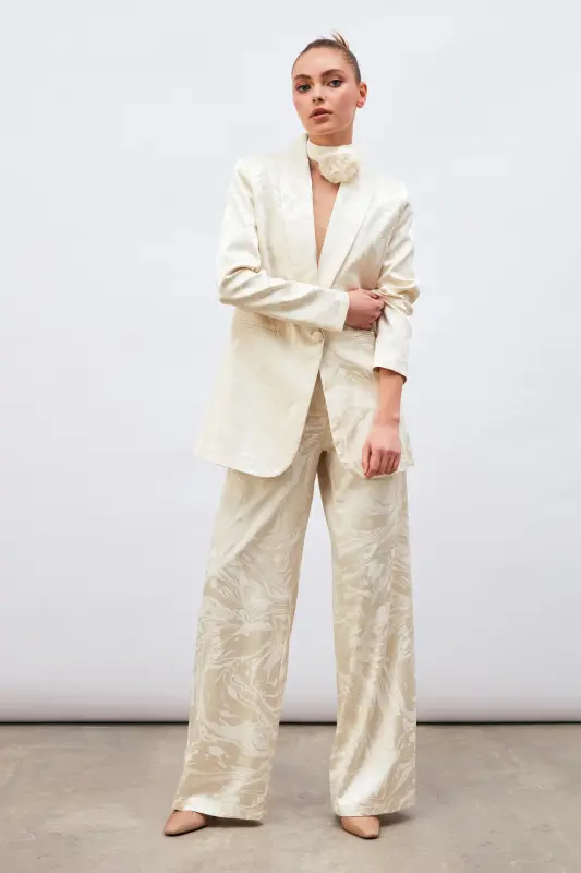 Satin Patterned Slouchy Pants - Ecru-ECRU - 5