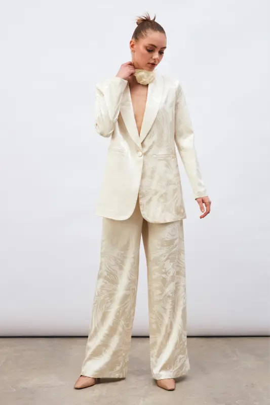 Satin Patterned Slouchy Pants - Ecru-ECRU - 6