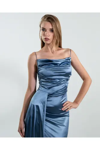 Satin Pleated Evening Dress-Blue - MAFDRESS (1)