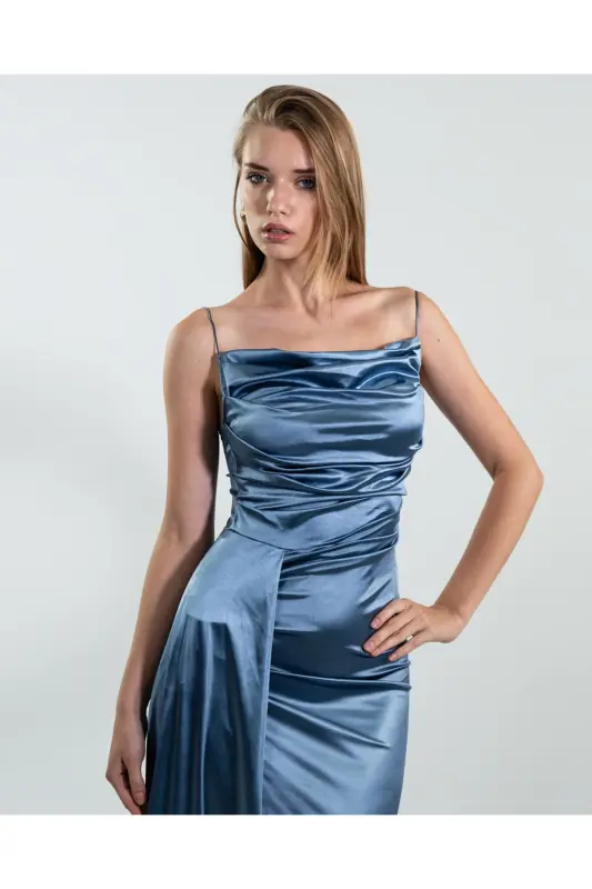Satin Pleated Evening Dress-Blue - 2