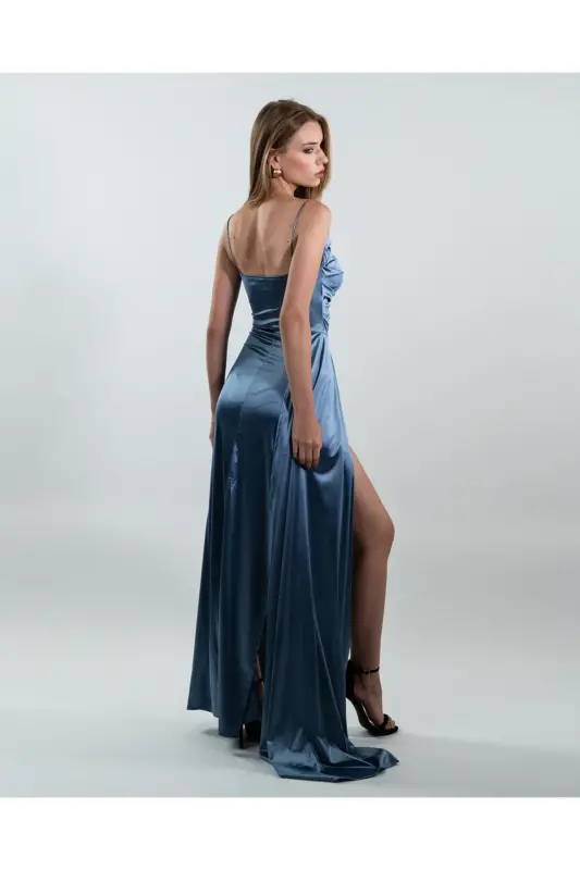 Satin Pleated Evening Dress-Blue - 4