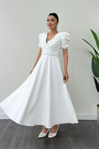 Satin Puff Sleeve Pearl Midi Dress - WHITE - BÜYÜKBEDENIZ (1)