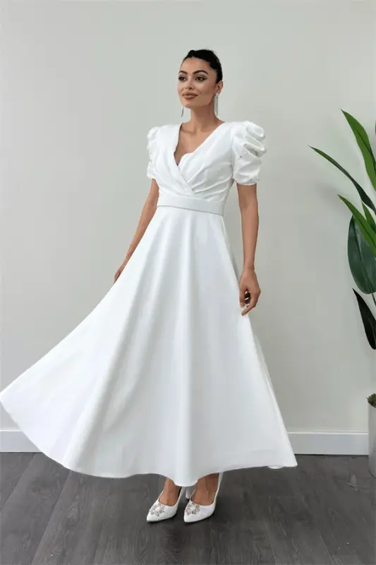 Satin Puff Sleeve Pearl Midi Dress - WHITE - 2