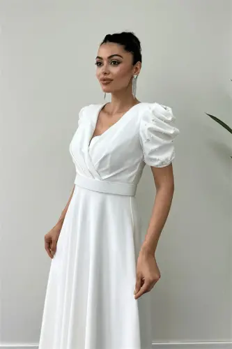 Satin Puff Sleeve Pearl Midi Dress - WHITE - 3