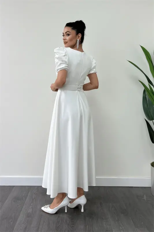 Satin Puff Sleeve Pearl Midi Dress - WHITE - 5