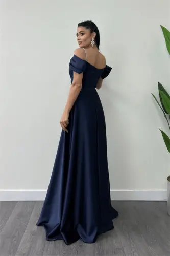 Satin Ruched Strap Evening Dress - NAVY BLUE - 1
