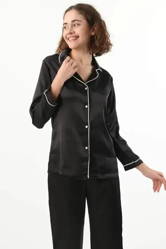 Satin Ruffled Nightgown&Robe Bridal Dowry Set 6 Pcs C.8.L.0.R.0.63-Black - 3