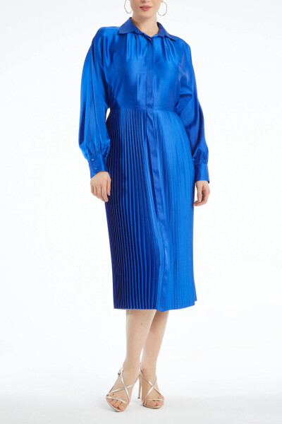 Satin Shirt Collar Pleated Midi Length Long Sleeve & Button Detail Saxe Dress 37324 - 1