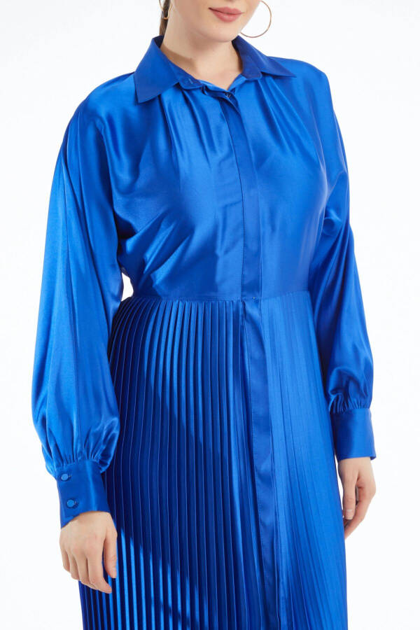 Satin Shirt Collar Pleated Midi Length Long Sleeve & Button Detail Saxe Dress 37324 - 2