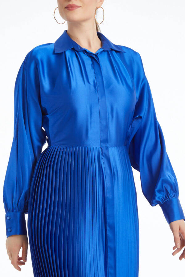 Satin Shirt Collar Pleated Midi Length Long Sleeve & Button Detail Saxe Dress 37324 - 3