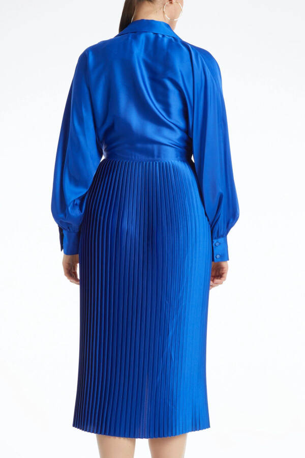 Satin Shirt Collar Pleated Midi Length Long Sleeve & Button Detail Saxe Dress 37324 - 4