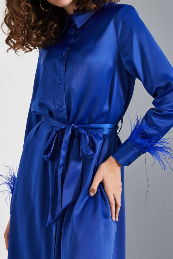 Satin Shirt Feather Detailed Belted Women's Midi Saks Dress 37137 - 2